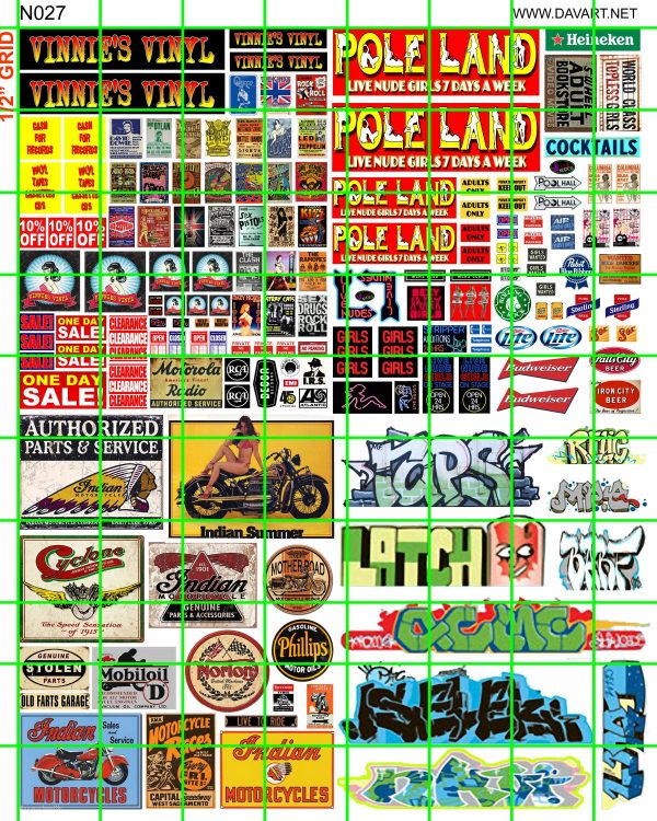 N027 N SCALE - VINNIES VINYL RECORDS, GRAFFITI, INDIAN MOTORCYCLE, POL LAND STRIP CLUB
