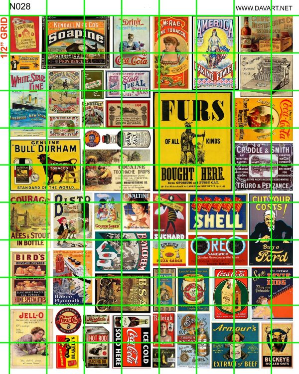 N028 N SCALE - STEAM ERA ADVERTISING, FURS, SOAPINE, SHELL, OREO, BULL DURHAM AND MORE