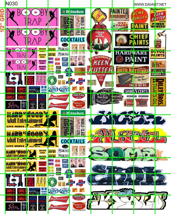 N030 N SCALE - BOOBY TRAP HARDWOODS STRIP CLUB, GRAFFITI, HARDWOODS AND ASSORTED PAINT ADVERTISING SIGNAGE