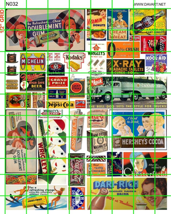 N032 N SCALE - ASSORTED STEAM ERA, WRIGLEY, COLA, X-RAY, MILLER, CAFE, KODAK, JELLO, BORAX, CHESTERFIELD, MORE