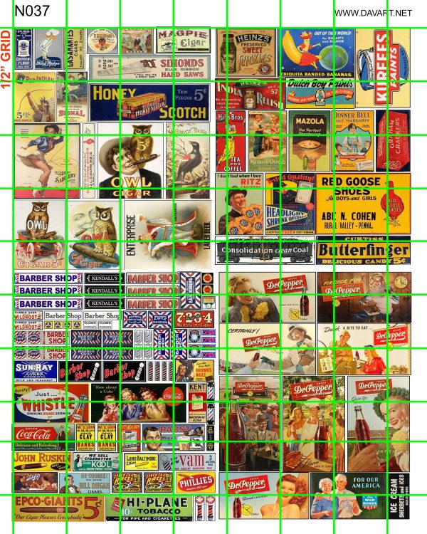 N037 N SCALE - ASSORTED MIXED DRY GOODS, CIGARS, DR PEPPER, BARBER SHOP AND MORE