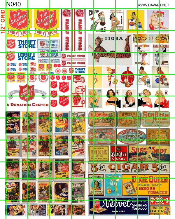 N040 N SCALE - SALVATION ARMY, TOBACCO ADVERTISING POSTERS, CIGARS, WESTERN MOVIE POSTERS