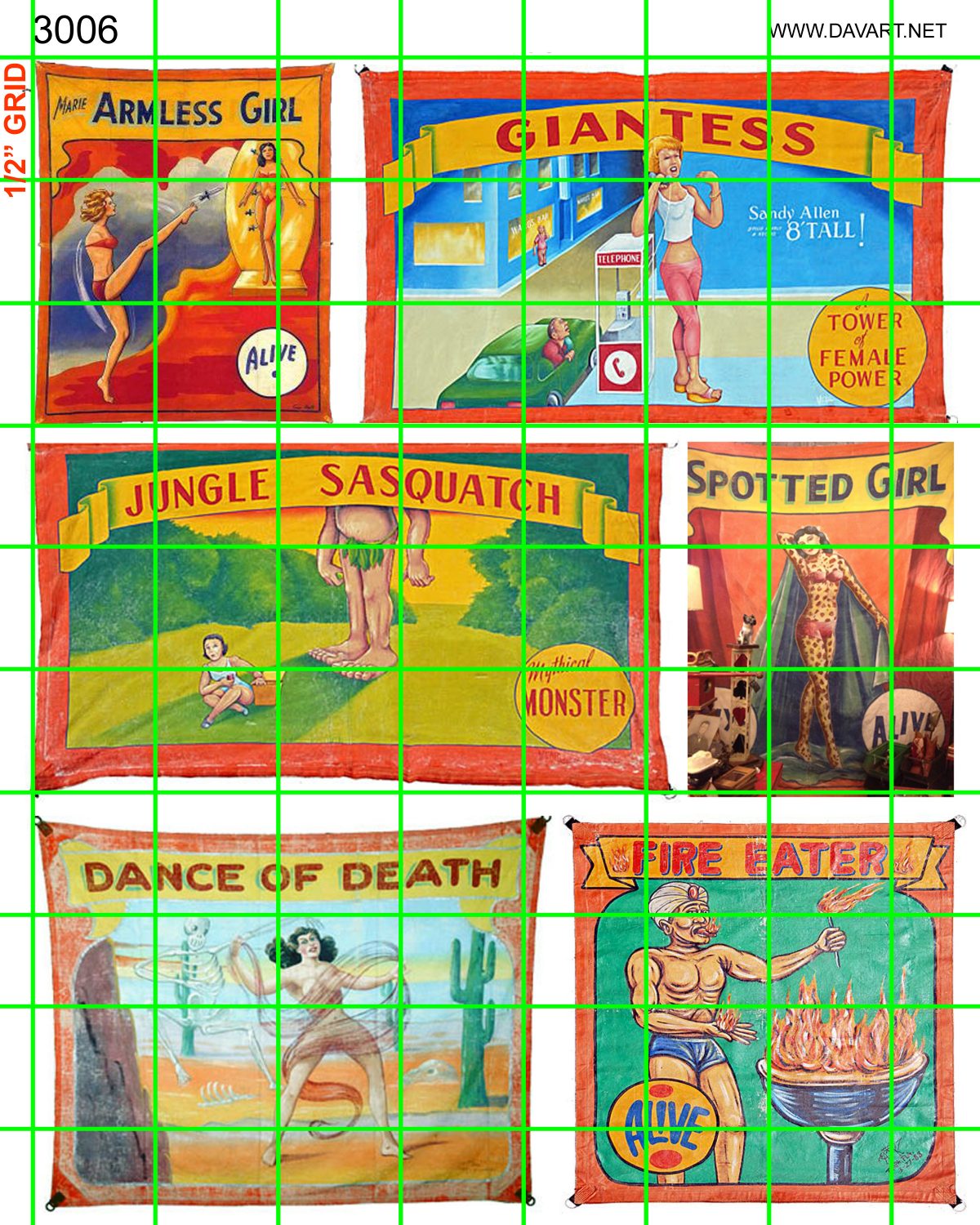 3006 - LG SIDE SHOW BANNERS ARMLESS GIRL, GAINTESS, SPOTTED GIRL, FIRE EATER