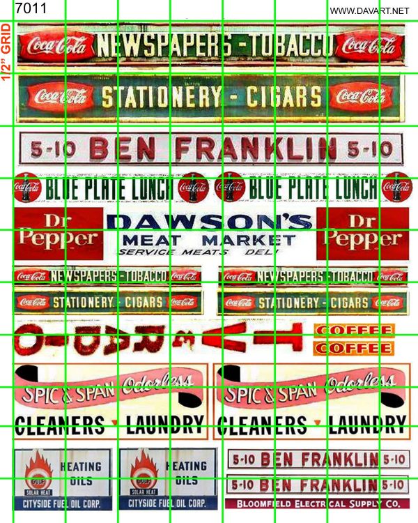 7011 - BUSINESS BUILDING SETS - MARKET HEADERS, BEN FRANKLIN STORE, BLUE PLATE, RADIO/TV, CLEANERS, ETC