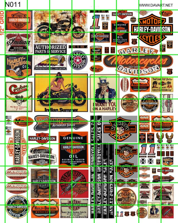 N011 N SCALE - HARLEY DAVIDSON, HOG HEAD SALOON BUILDING SIGNAGE, INDIAN MOTORCYCLE SIGNS