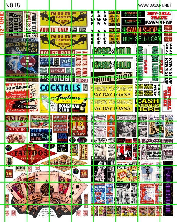 N018 N SCALE - STRIP CLUB, ADULT BOOK STORE, TATTOO PARLOR,BURLESQUE POSTERS, PAWN SHOP, MORE