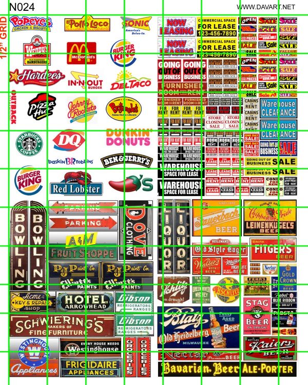N024 N SCALE - MODERN FAST FOOD, BOWLING, LIQUOR, BEER, HOTEL, FOR LEASE SIGNAGE AND MORE