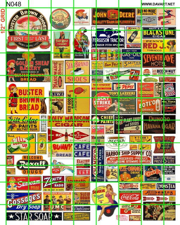 N048 N SCALE - MID CENTURY BUSTER BROWN, RED GOOSE, REXALL, COLA, TRACTOR, CIGARS AND MORE