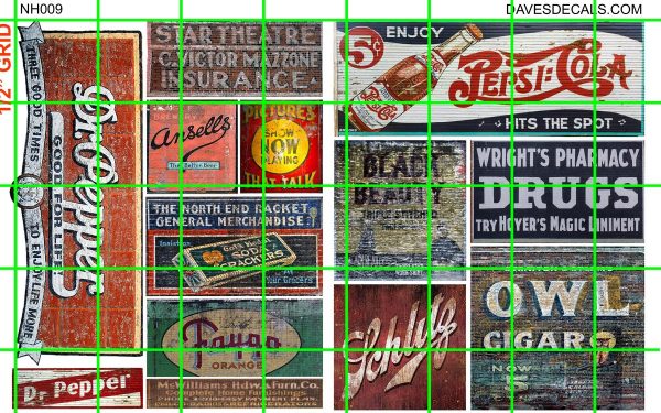 NH009 N SCALE HALF SETS - SODAS, BEER, CIGARS AND ASSORTED GHOST SIGN ADVERTISING