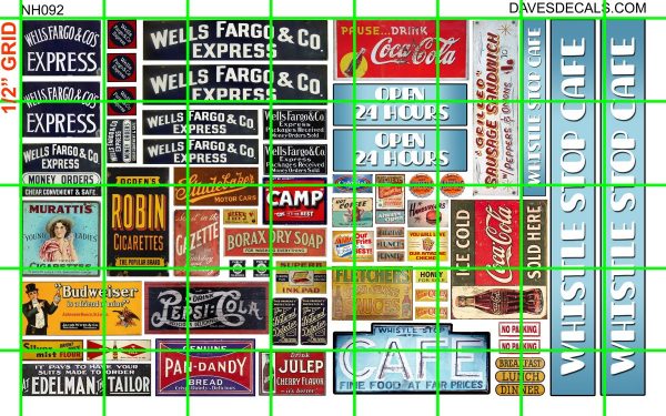 NH092 N SCALE HALF SETS - WHISTLE STOP CAFE AND WELLS FARGO EXPRESS SIGNAGE AND MORE
