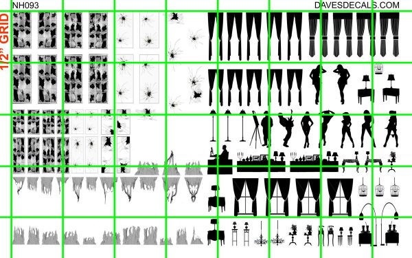 NH093 N SCALE HALF SETS - WINDOW SILHOUETTES, TATTERED CURTAINS, BROKEN GLASS, CURTAINS AND MORE