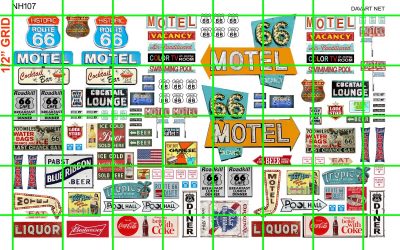 NH107 N SCALE HALF SETS - ROUTE 66 MOTEL SET, LOUNGE, COCKTAILS, ADVERTISING MORE