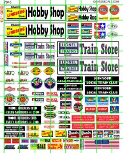 7046 BUSINESS SET - HOBBY SHOP TRAIN STORE WITH BRANDS AND ASSORTED SIGNAGE