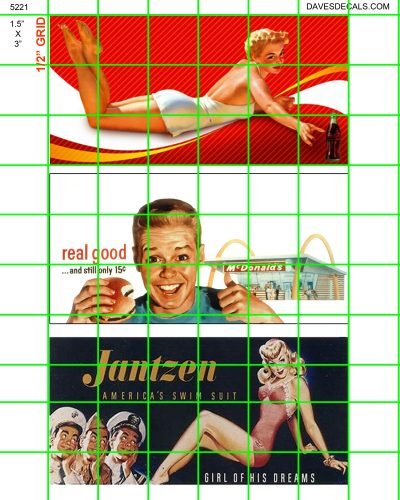 5221 BILLBOARDS - 1.5" X 3" BILLBOARD - MIXED 1950's 60's COKE, McDONALD'S, BATHING SUIT