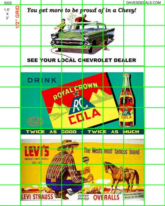 5222 BILLBOARDS - 1.5" X 3" BILLBOARD - MIXED 1950's CHEVROLET, RC COLA, LEVI'S