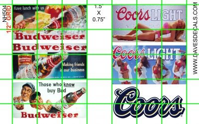 NH504 N SCALE - GLOSSY ART PAPER BILLBOARD SET BUD and COORS