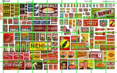NH147 N SCALE - OLD STOREFRONT SIGNAGE SODAS, TOBACCO, CLOTHES, GROCERY ETC