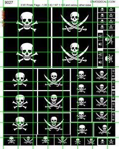 9027 - ASSORTED SIZE PIRATE FLAGS 3'X5' in 1:35 (LG) 1:43 (MED) 1:87 (SM). 1:160 (SMALLER) and more