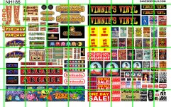 NH186 N SCALE -  ARCADE SIGNAGE AND VINNIES VINYL SHOP WITH ASSORTED SIGNS