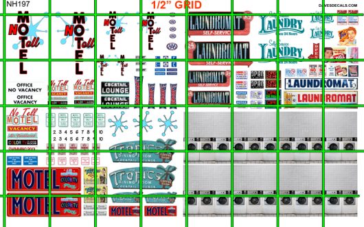 NH197 - N SCALE NO TELL MOTEL TIKI LOUNGE LAUNDROMAT SIGNAGE