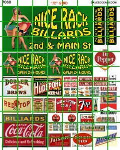 7068 - NICE RACK BILLARDS POOL HALL with ASSORTED ADVERTISING SIGNS