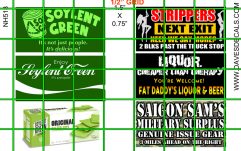 NH513 N SCALE - GLOSSY ART PAPER BILLBOARD SET SOYLENT GREEN STRIP CLUB SURPLUS MORE
